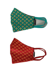 vDiva Designer Banarasi Cotton Cloth Masks for Women - Green Red Colour COMBO