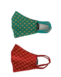 vDiva Designer Banarasi Cotton Cloth Masks for Women - Green Red Colour COMBO